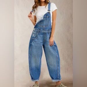 Flamingals Wash Button Side Mid Waist Barrel Leg Overalls NWT